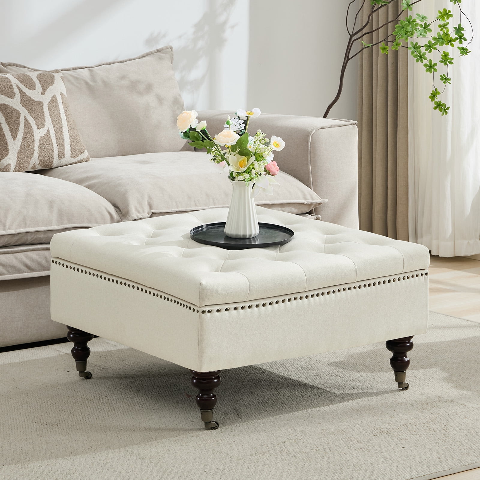 BRILHAMEZ Storage Ottoman Bench, Tufted Upholstered Seat with Hidden Storage, Multi-Functional Coffee Table and Foot Rest for Living Room, Beige