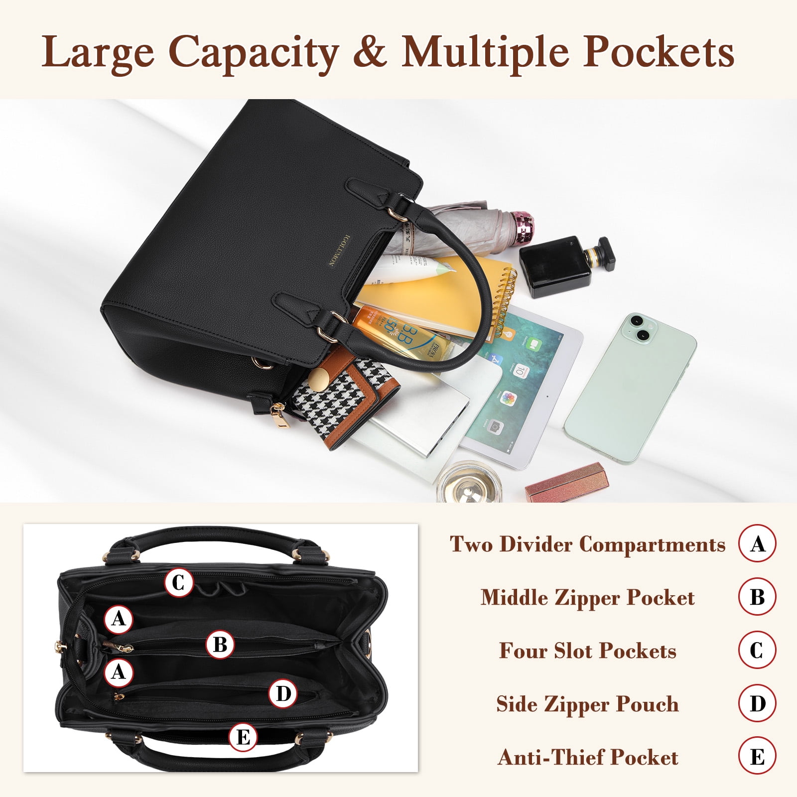 Women's Top Handle Handbag Classic Small Crossbody Bag Leather Tote Purse with Cute Pompom Designer Hobo Purse, Black
