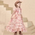 thumbnail image 2 of Rggeeun Child Girls Dresses Cute Floral Pattern Plus Tiered Ruffle Square Neck Short Sleeve Pleated Hem Bohemian Gown Ankle Length For Party Versatile Sundress,Pink,11-12 Years, 2 of 9