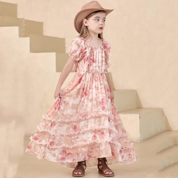 Kids Girls Puff Sleeve Floral Chiffon Dress, Square Neck Tiered Ruffle Trim Casual Long Dress, for Formal Events, Vacations & Photoshoots Pink 9-10 Years