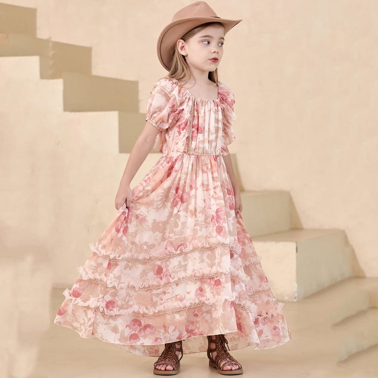 Rggeeun Baby Girls Dresses Cute Floral Pattern Plus Tiered Ruffle Square Neck Short Sleeve Pleated Hem Bohemian Gown Ankle Length For Evening Party 