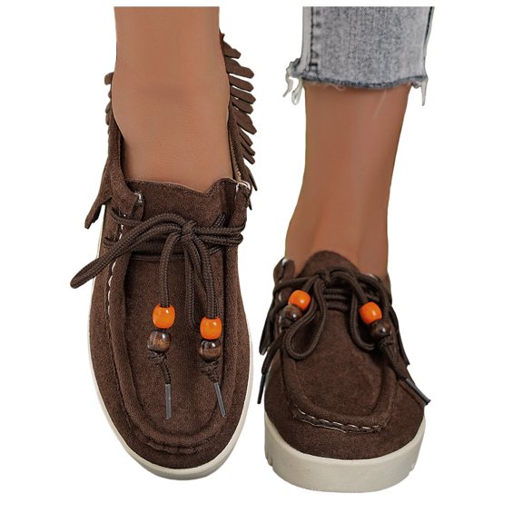 Rokment Fringe Platform Slip on Loafers Walking Shoes for Women 2026 Boho Beach Casual Suede Beaded Lace up Orthopedic Flat Winter Fall Dress Ankle Booties Brown Size 6.5