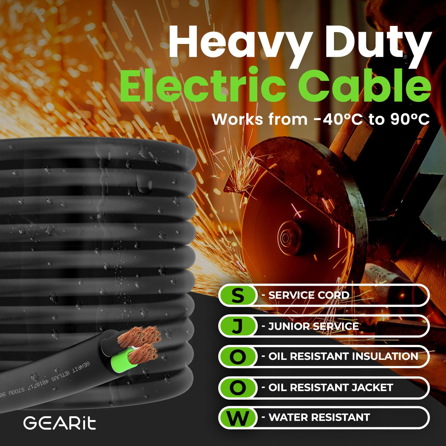 GearIT 16/3 16 AWG Portable Power Cable (50 Feet - 3 Conductor) SJOOW 300V 16 Gauge Electric Wire for Motor Leads, Portable lights, Battery Chargers, Stage Lights and Machinery -50ft Electrical Cord