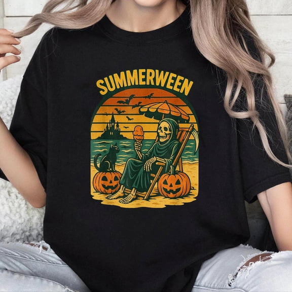 100% Cotton Unisex Summerween Shirt Funny Skeleton Halloween Beach Tee Spooky T-Shirt