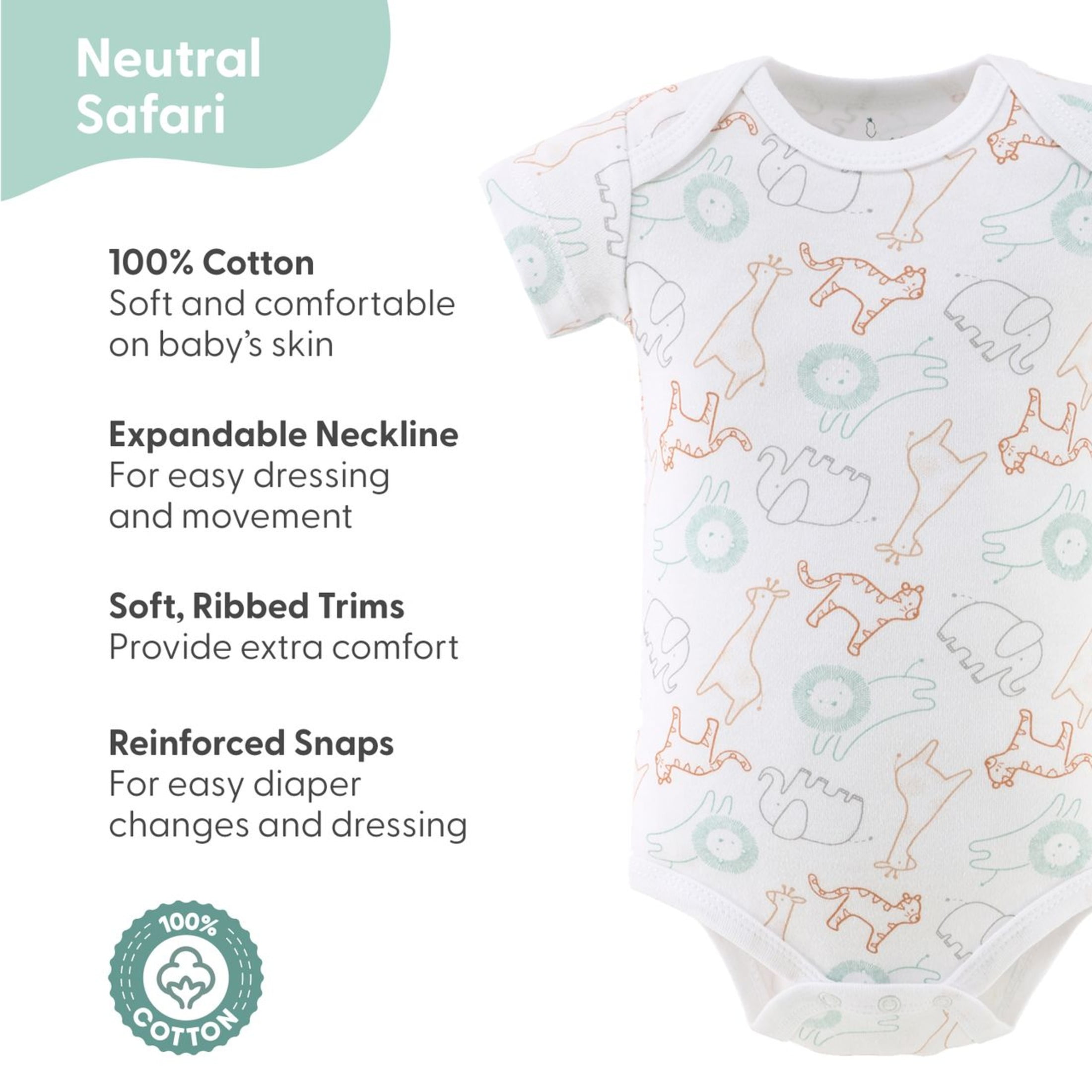 The Peanutshell Baby Bodysuit Pack with Safari Design, Unisex Baby Clothes for Newborns, 4-Pack