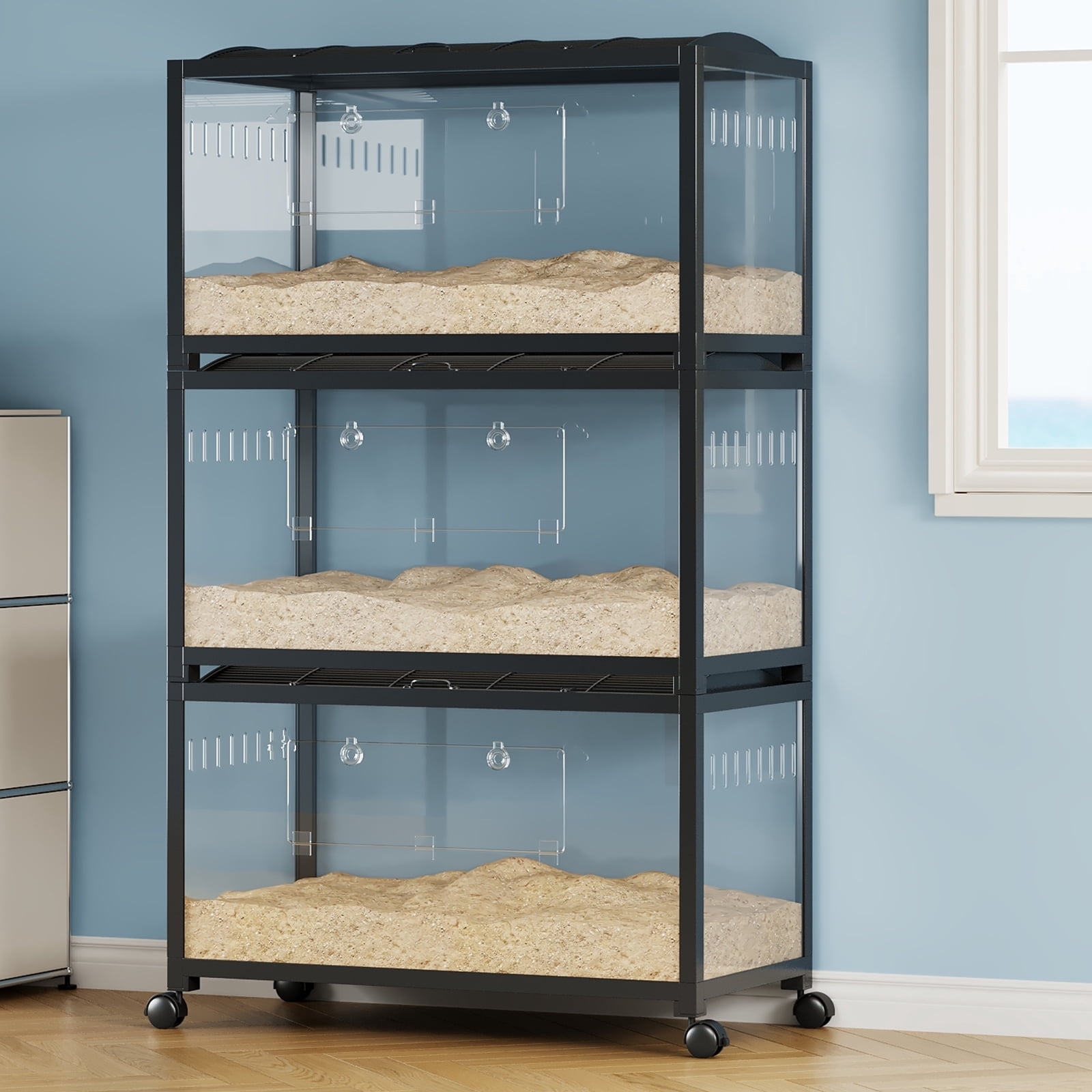 Chew-Proof Metal Hamster Cage - Spacious Small Animal Habitat with Acrylic Panels, Dual Doors, Stackable, Easy Assembly, 4 Wheels