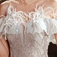 thumbnail image 5 of DongCMY, vestido largo de lujo de verano para mujer, vestido informal de princesa de fiesta de cintura alta, escote barco, vestido de gasa gris claro con plumas, 5 of 5