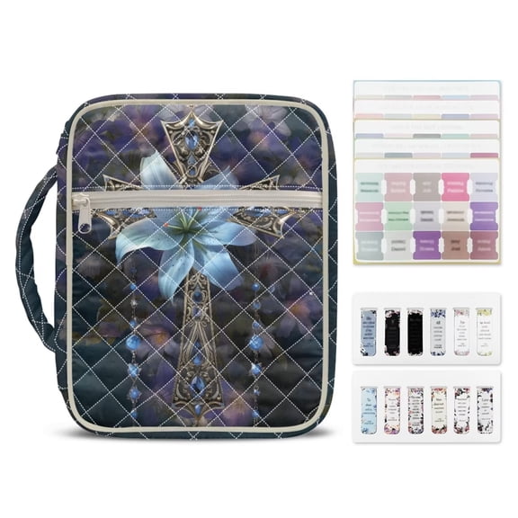 Uorisanigo Cross Flower Bible Bags for Women Quilted Bible Cover Bible Study Supplies Accessories Book Protector Zippered Book Cover Large Size Study Bible Carrier