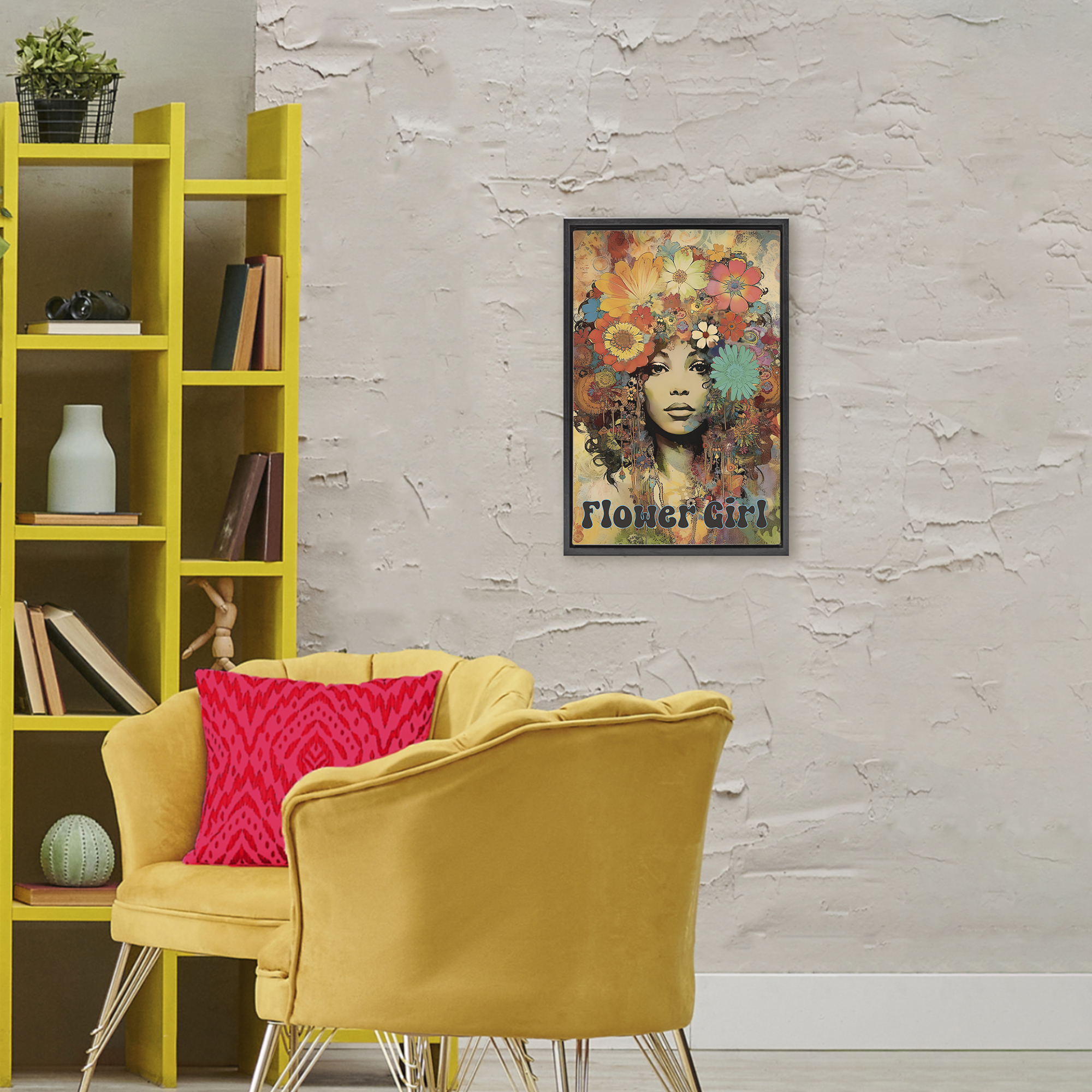 Bohemian Flower Girl Black Framed Floater Canvas Wall Art, design by Sasha