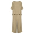 thumbnail image 4 of Costeam Womens Short Sleeve Two Piece Linen Cotton Outfit Solid V Neck Top Drawstring Wide Leg Pants Side Pocket High Waist Loose Casual Matching Set Tracksuit, 4 of 7