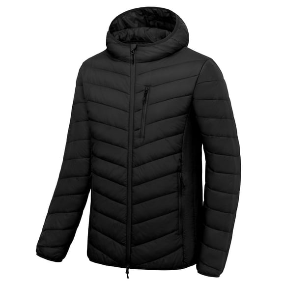 Men's Lightweight Hooded Puffer Jacket, Windproof with 5 Zip Pockets for Hiking Travel Black S