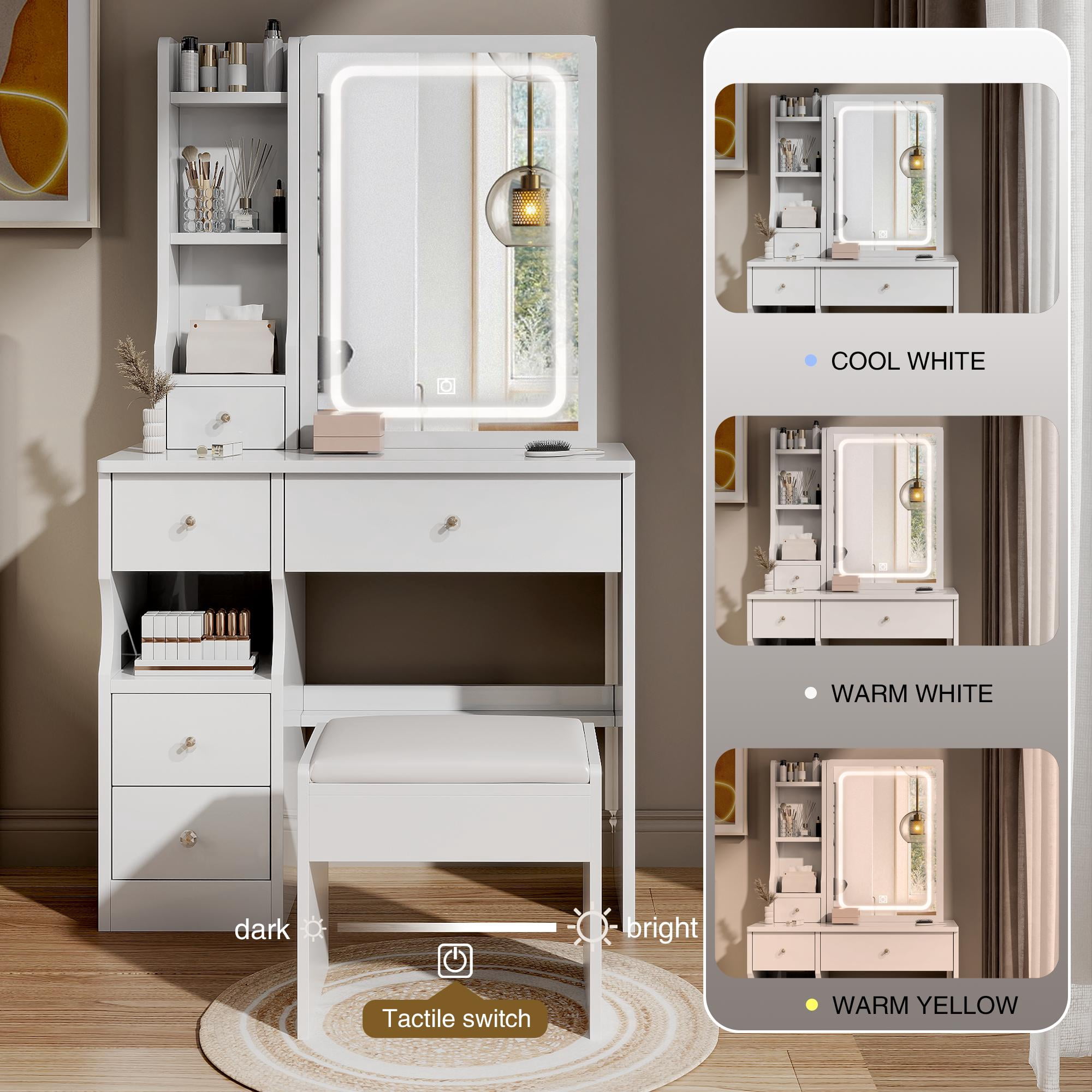 PORKISS Vanity Set with Sliding LED Mirror for Girls, Vanity Desk with Cushioned Stool and 4 Storage Drawers, Multi-Layer Shelves, Dressing Table for Small Bedroom, White