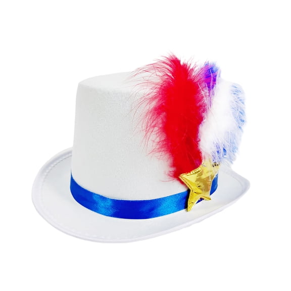 FINALGANG Mens Womens Patriotic Top Hat With Feather Gold Star Accent Usa Flag Color Party Hat For Independence Day Daily Wear White