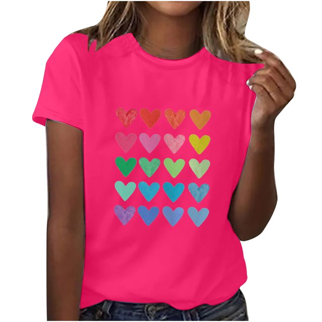 Diufon Hauts de la Saint-Valentin pour Femmes Décontracté Manches Courtes Col Rond Chandail Chemise Imprimé Graphique Mignon Tendance