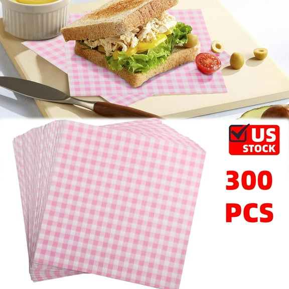 300 Pcs Waxed Deli Paper Sheets 7" * 7", Food Basket Liners for Sandwiches, Burgers, Checkered Deli Wrap Wax Paper Sheets Pink