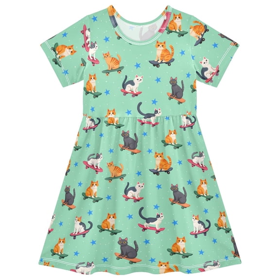 joogoo Cute Cats Skating Girls' Short Sleeve Dress Kids Dresses 5-6T