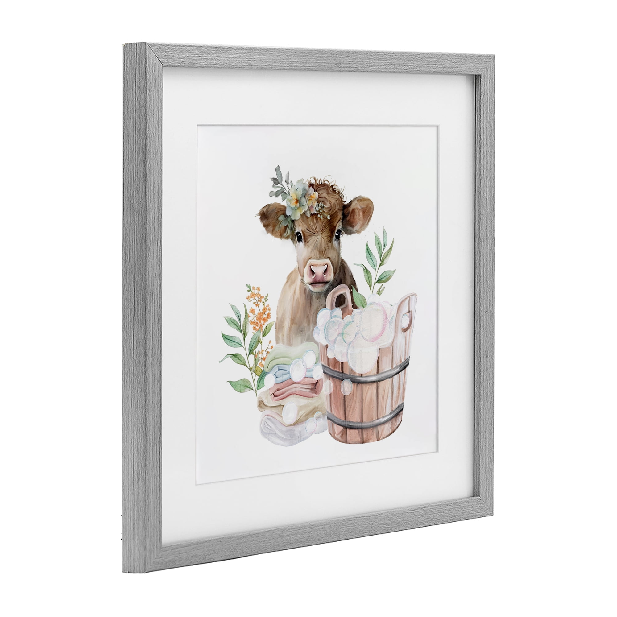 Laundry Day Baby Cow Gray Framed Print Under Glass, design by Kim Allen