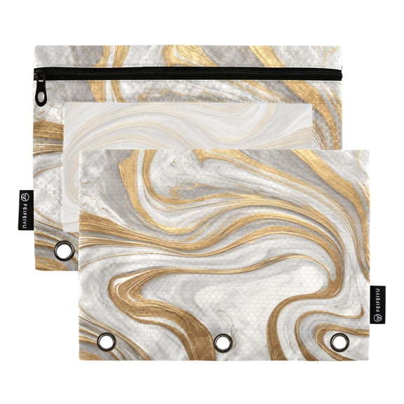 2 Pack 3 Ring Binder Pouch with Clear PVC Window Water Resistant Zipper Pencil Pouch Gold and White Marble Binder Pocket for Classroom Office Home Stationery Organization