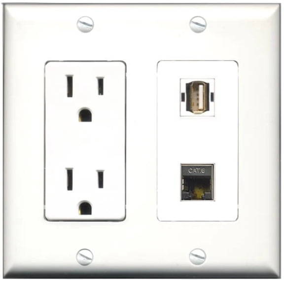 RiteAV - 15 Amp Power Outlet and 1 Port USB A-A and 1 Port Shielded Cat6 Ethernet Decorative Type Wall Plate White
