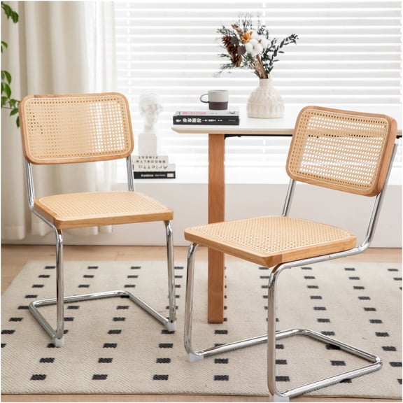 JERFIT Modern Dining Chairs Set of 2, Burly Wood Rattan Accent Chairs with Chrome Metal Legs, Mid-Century Stackable Side Chairs for Kitchen, Living Room