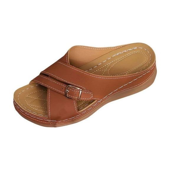 Womens Wedge Platform Slip On Slides Sandals Cutouts Buckle Straps Soft Sole Comfortable Arc Support Casual Sandals Brown Women Sandal
