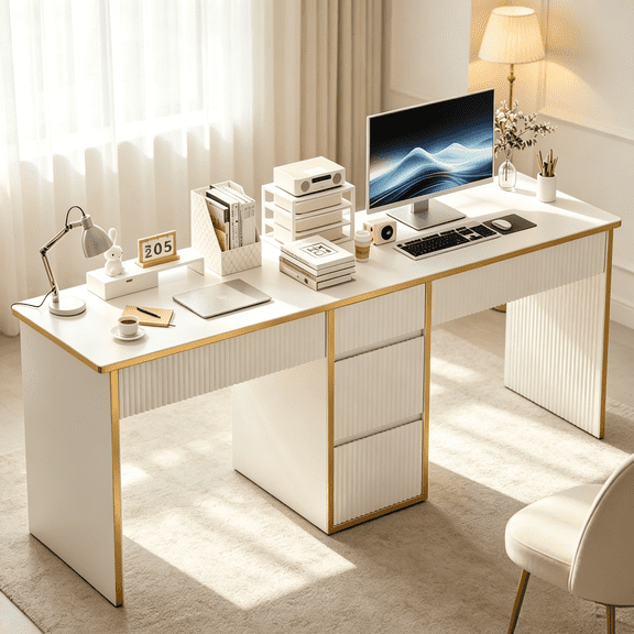 DreamCurship Two Person White Desk with Drawers, 78 inch Computer Desk with Storage Shelves, Double Desk with Storage for 2 People, Home Office Work Desk, White