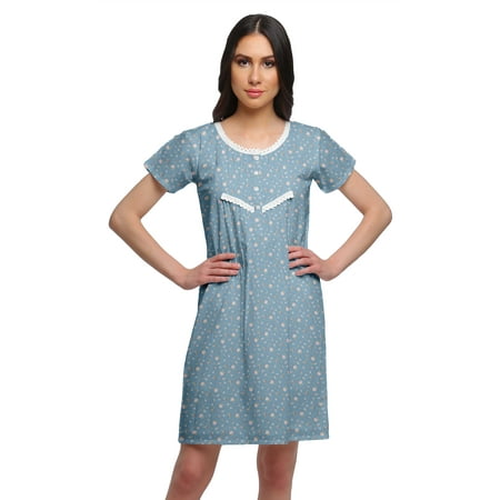 

Moomaya Printed Nightdress Short Sleeve Cotton Womens Lace Neckline Nightwear