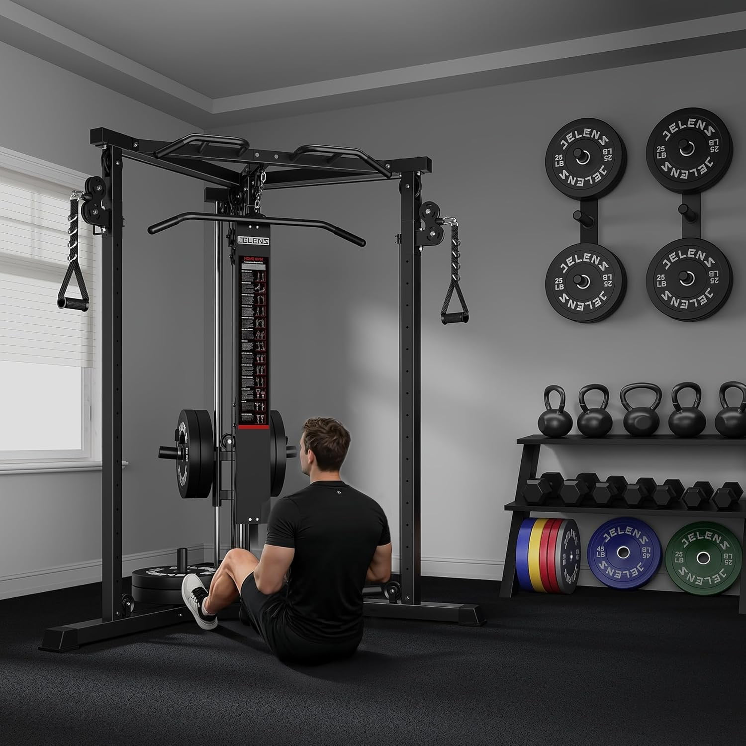 Power Cage with Cable Crossover System,Functional Trainer with High and Low Pulley System for Chest Fly, Power Rack with LAT Pulldown and Seated Cable Row for Home Gym,Black