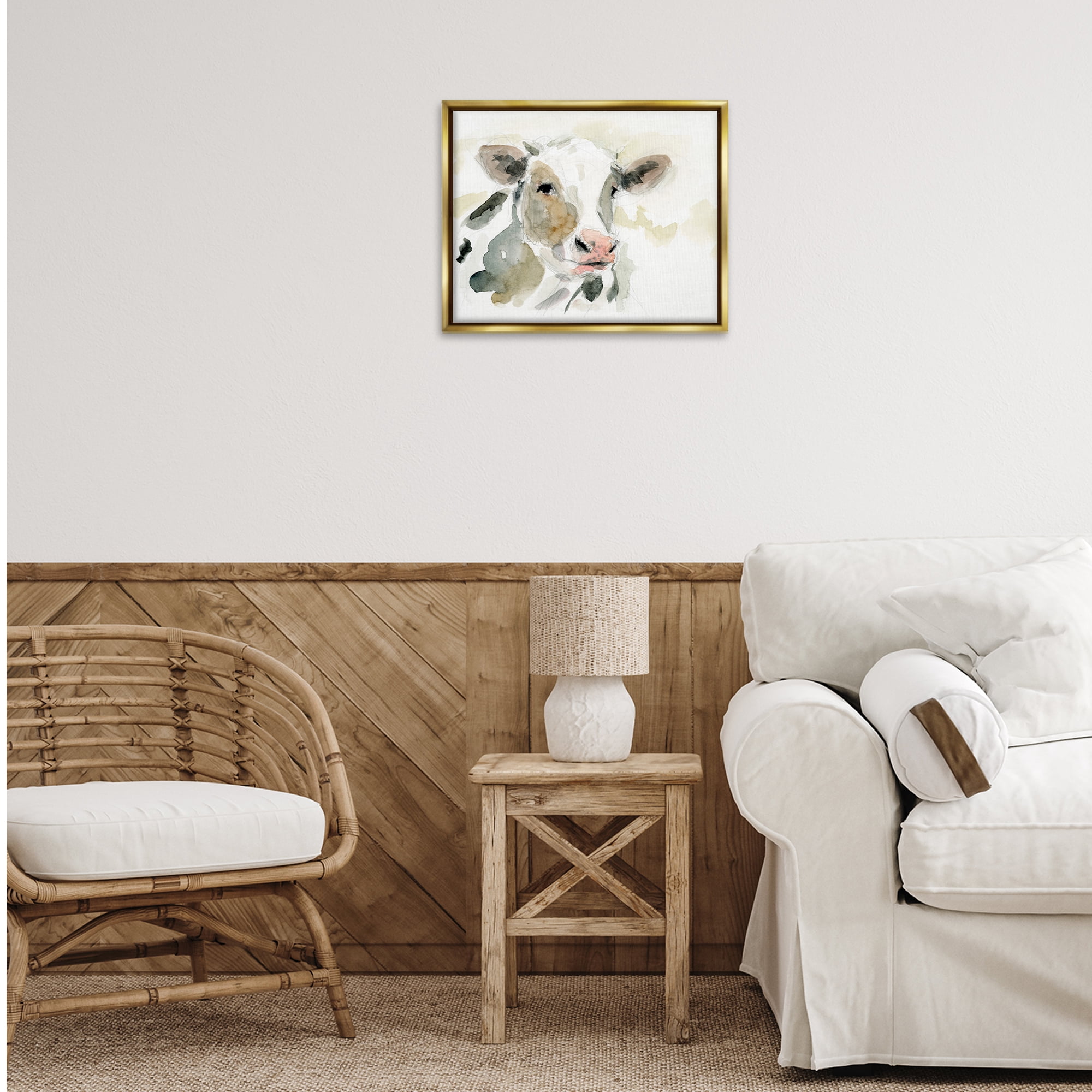 Stupell Industries Soft Watercolor Cow Animals & Insects Painting Gold Floater Framed Canvas Art Print Wall Art, 21 x 17