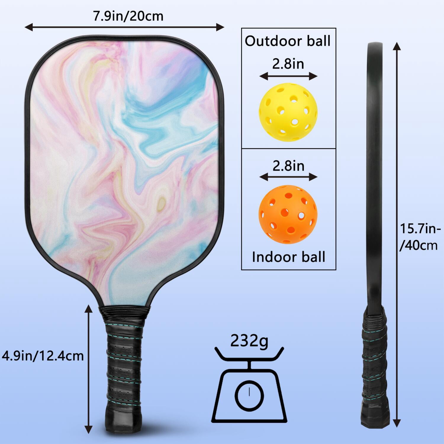 Pickleball Paddles Set Of 2, Fiberglass Surface, Liquid & Marble Print, 4 Balls & Bag