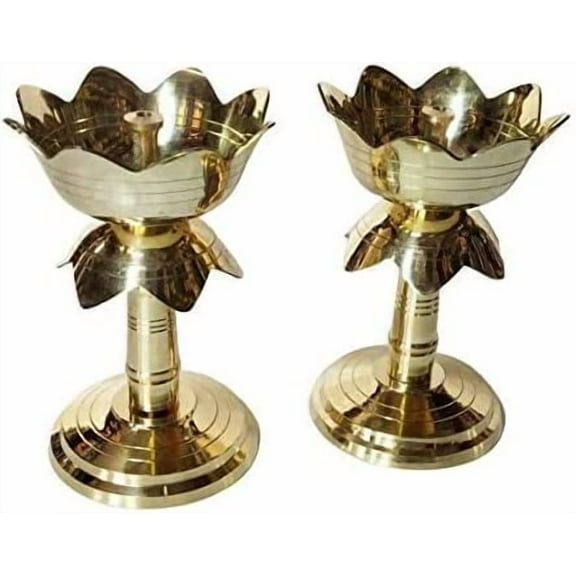 Brass Elegent Lotus Design Oil Lamp/Diya/Deep/Deepak With Stand (Approx. 12 cm Tall, Set of 2) Akhand Diya