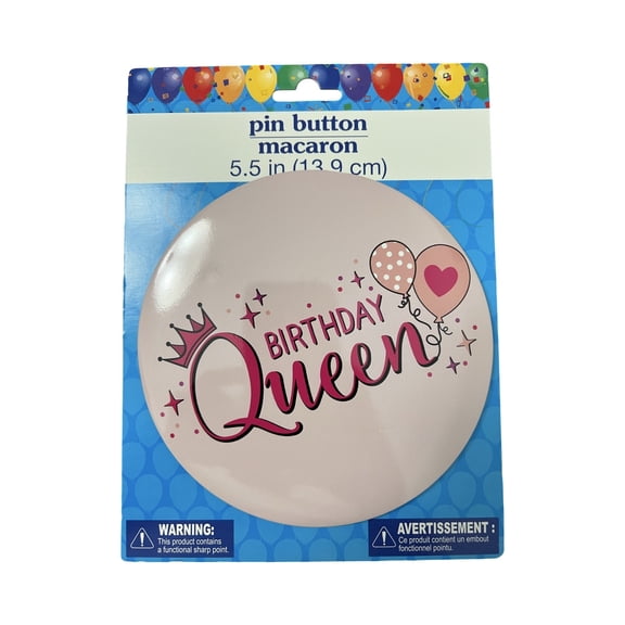 Birthday Queen Large Pin Button 5.5 Inch Pink Crown Balloon Party Badge Celebration Accessory