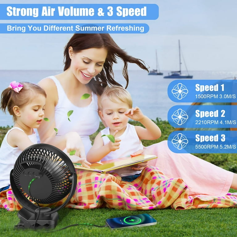 8 inch Clip on Fan 12000mAh Portable Fan Battery Rechargeable with 3 Speeds and Strong Airflow USB Fan Small Desk Fan Personal Quiet Fan for Office