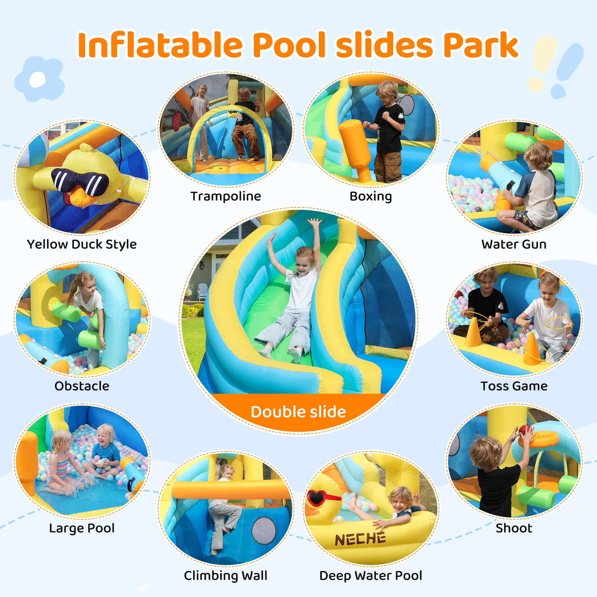 Neche 190" Large Inflatable Water Slide with Blower, Outdoor Backyard Water Park, Splash Pool, Indoor Bounce House for Kids Ages 3-8, 500lbs Weights