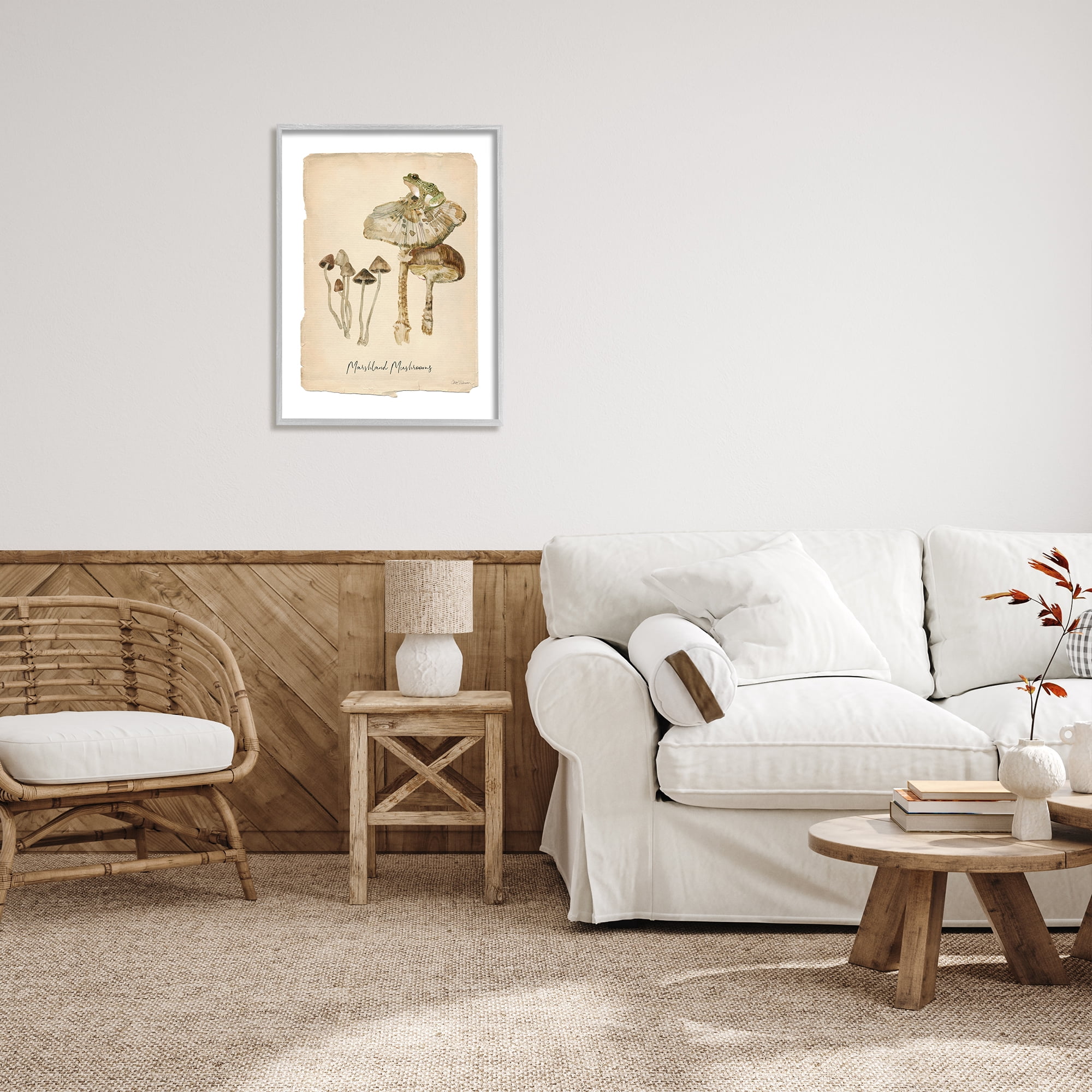 Stupell Industries Marshland Mushrooms & Frog Botanical & Floral Painting Gray Framed Art Print Wall Art, 24 x 30