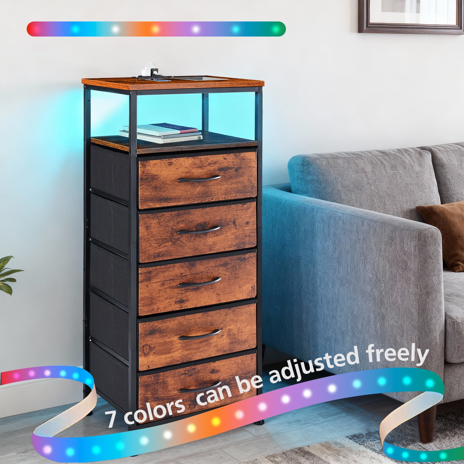 Smart Nightstand with LED Lights & Charging Station | Remote App Control Bedside Table | 2 AC Outlets, USB-C Port, 5 Drawer Storage | Modern End Table for Bedroom, Rust
