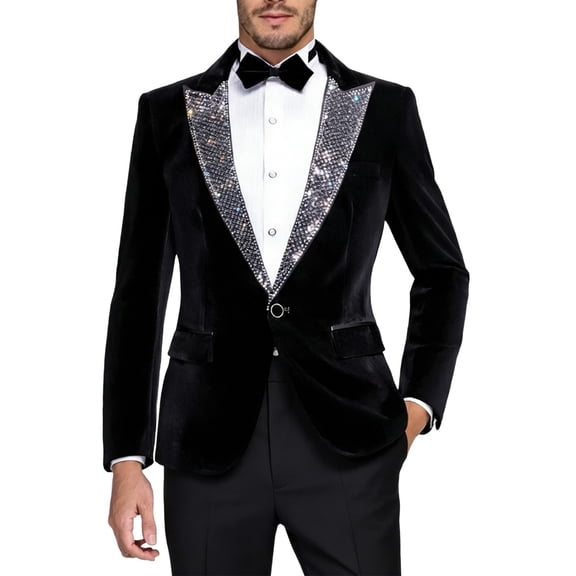 IWRICH Men's Classic Velvet Suit with Sparkling Rhinestones Beaded Peak Lapel Tuxedo Set Jacket Formal Prom Party Wedding Black XL