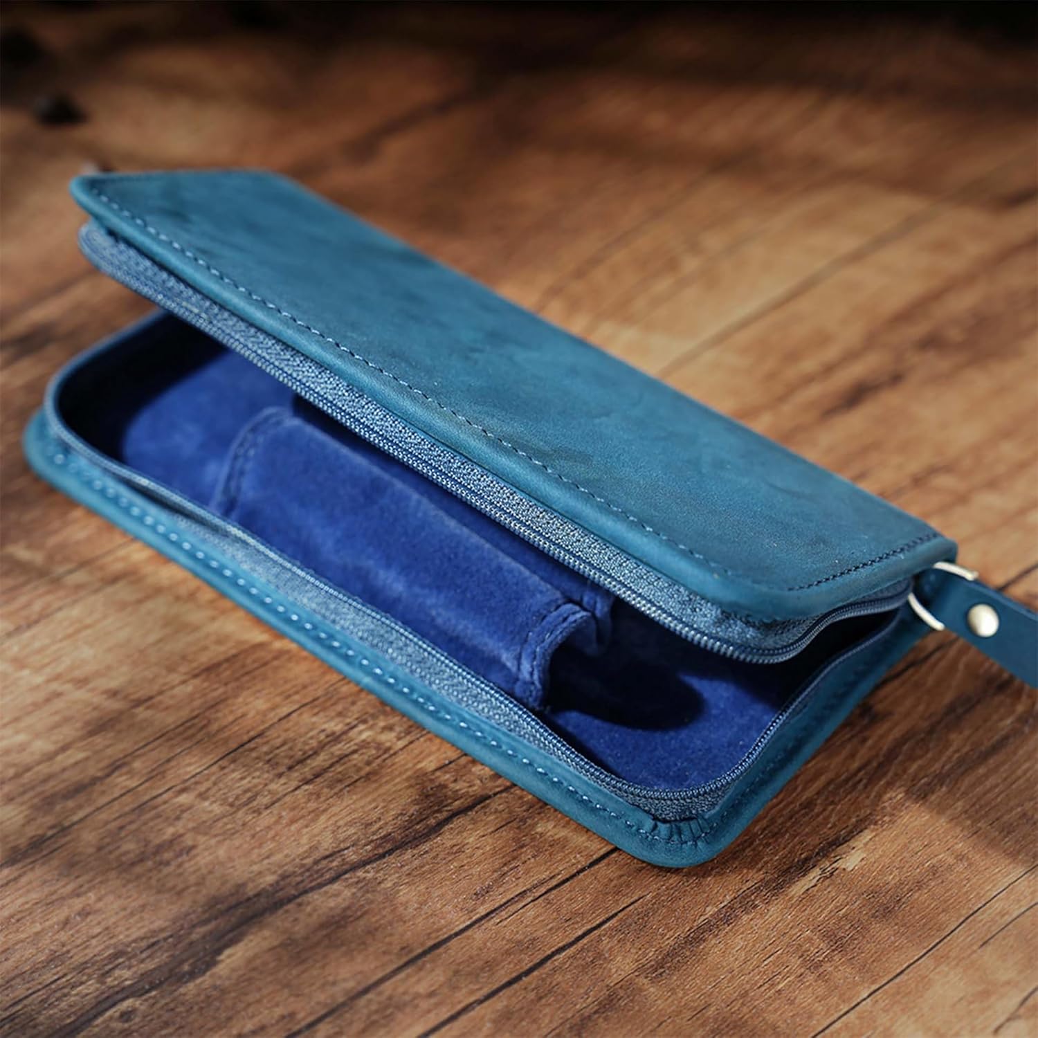 ABPETE Vintage Leather Fountain Pen Case 3 Divided Slots, Zippered Pen Case Pouch, Handmade Display Holder for Rollerball Pen (Blue)