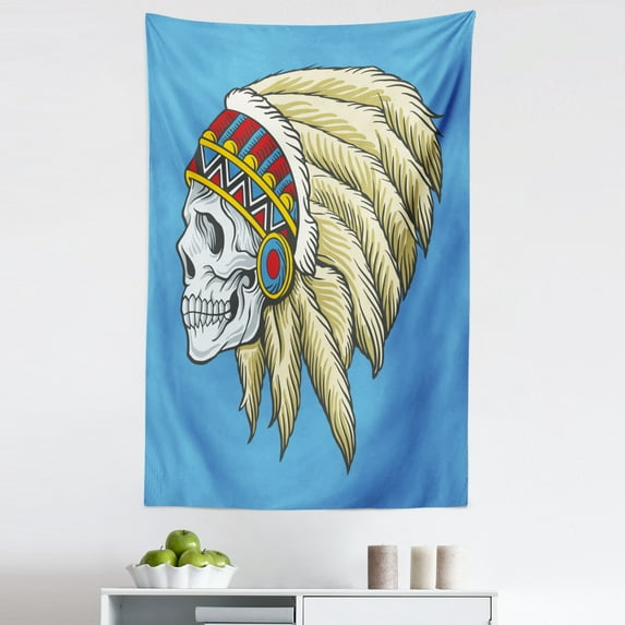 Tribal Tapestry, Dead Skull with Feathers Tattoo Folk Aztec Pattern, Fabric Wall Hanging Decor for Bedroom Living Room Dorm, 5 Sizes, Violet Blue Cream Pearl, by Ambesonne
