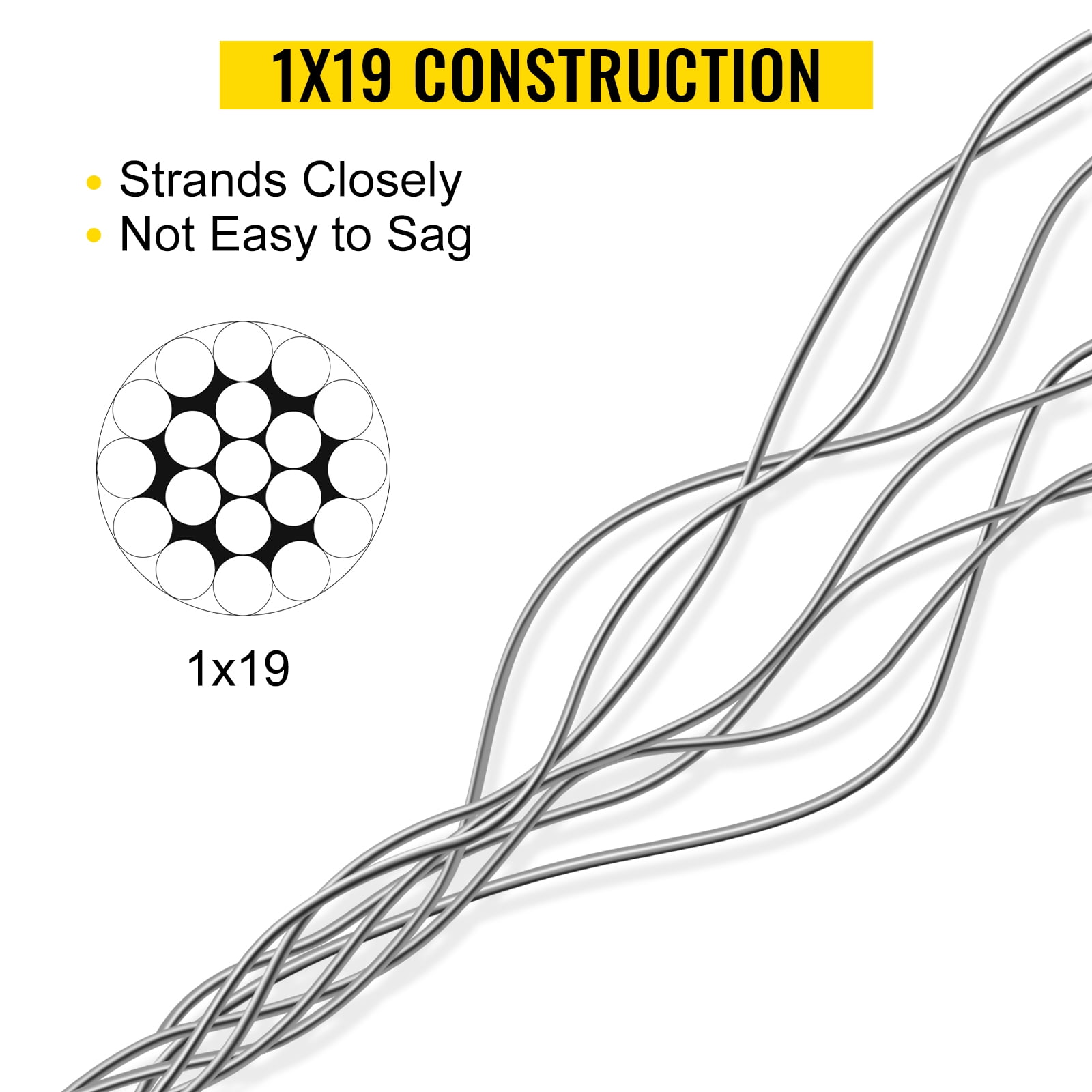 BENTISM 316 Stainless Steel Wire Rope Cable, 3/16", 1x19, 1000 ft reel