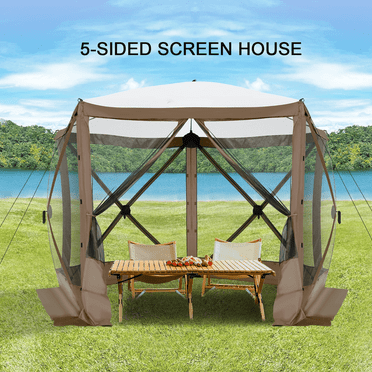 COBIZI 10x10 Pop up Gazebo Screen Tent Screen House for Camping,5 Sided Pop-up Camping Canopy Shelter Tent with Mesh Windows,Portable Outdoor Quick-set Hub Tent with Carrying Bag&Ground Stakes,Brown