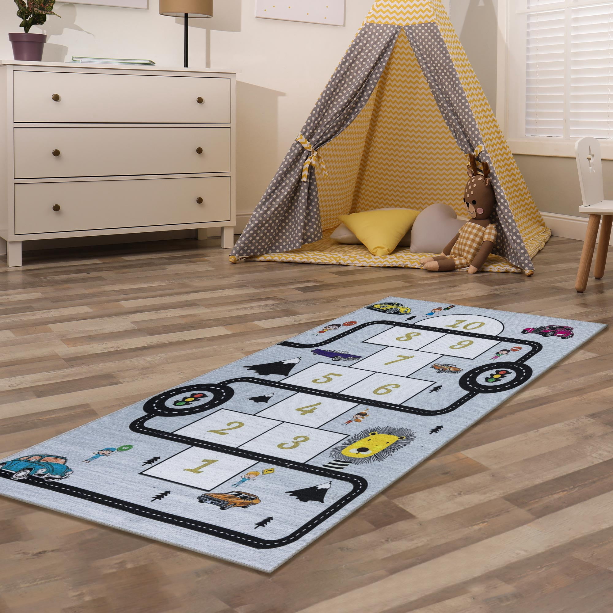 Ottomanson Machine Washable Flatweave Hopscotch 3x6 Kids Play Mat Runner Rug, 2'7" x 6', Gray/Yellow