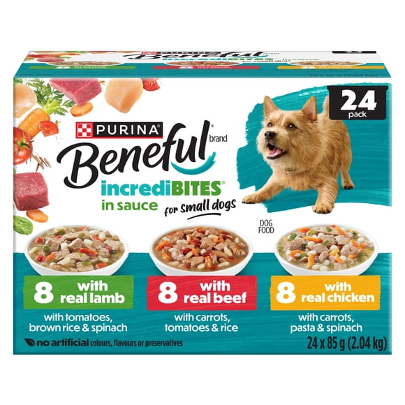 Purina Beneful IncrediBites Real Lamb, Real Beef, Real Chicken in Sauce 24C Variety pack, Wet Dog Food, 85g x 24
