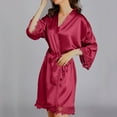 thumbnail image 6 of ZQGJB Women's Lace-Trim Silk Robes Bride Bridesmaid Kimono Wedding Party Nightwear Satin Bathrobe Sexy V Neck Sleepwear with 3/4 Sleeves, Sleepwear with Removable Waist Belt Red#01, 6 of 8