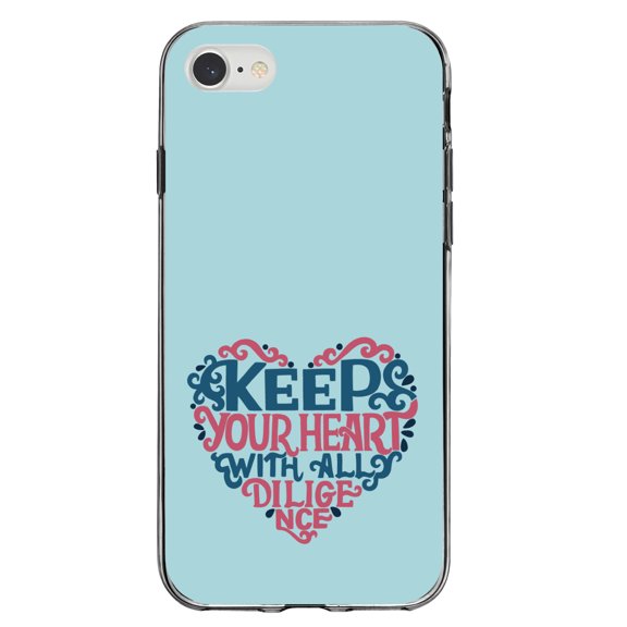 DistinctInk Clear Shockproof Hybrid Case for iPhone 7 8 SE (2020 Model) 4.7" Screen TPU Bumper Acrylic Back Tempered Glass Screen Protector - Keep Your Heart With All Diligence