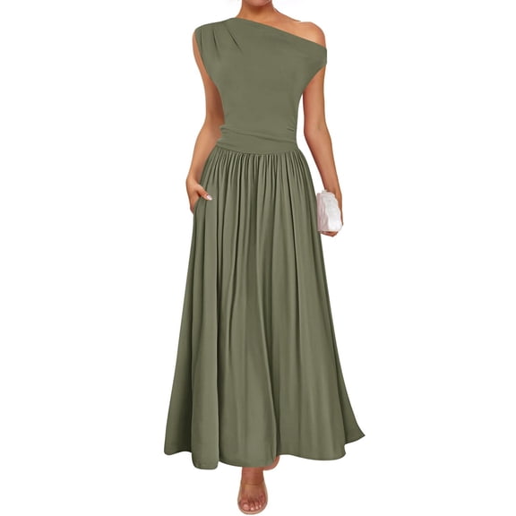 Women'S Summer Sleeveless Maxi Dress One Shoulder Casual Slim Swing Pleated Formal Dresses with Pockets Green S