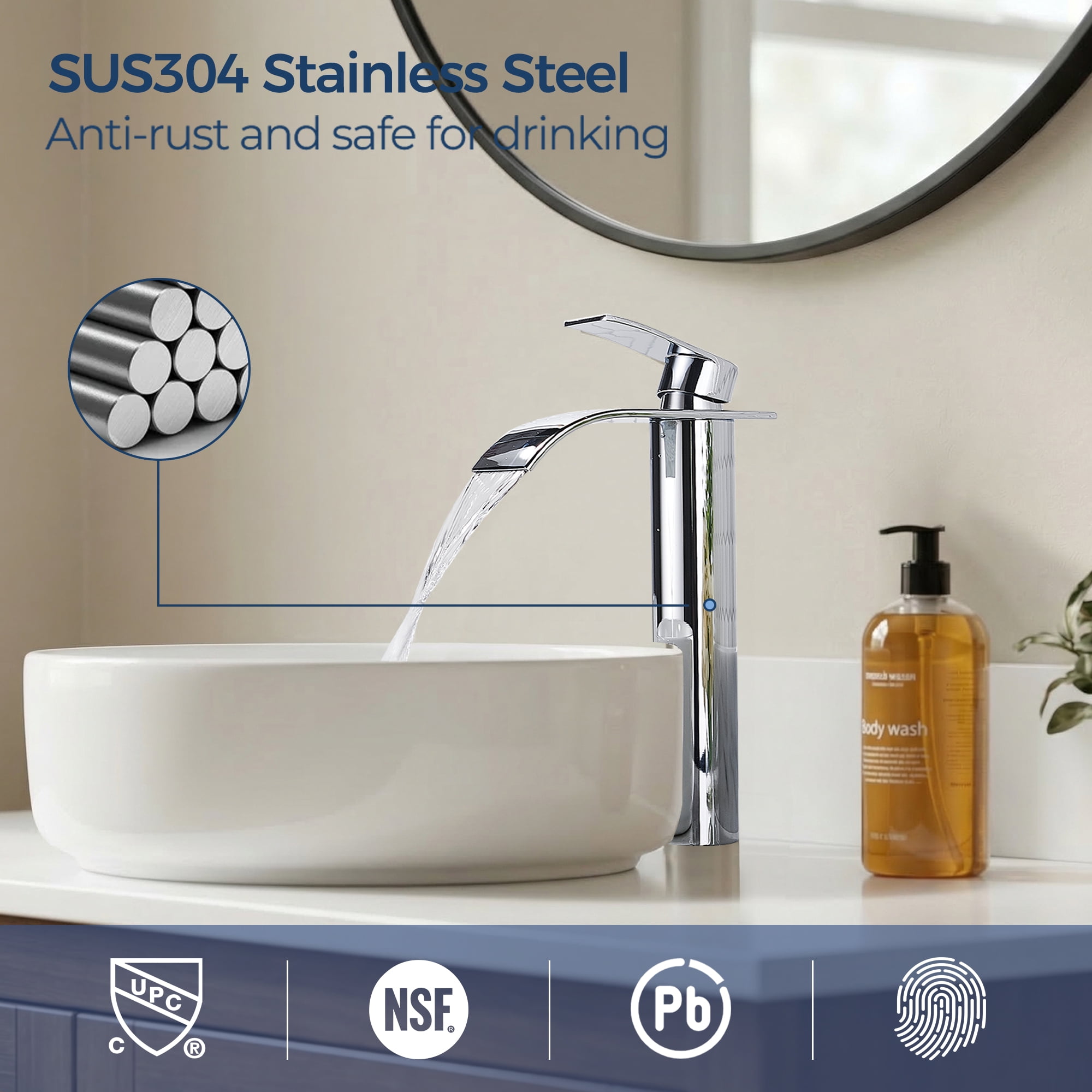TVOFEK Tall Waterfall Bathroom Vessel Sink Faucet Single Handle, One Hole Chrome Bathroom Faucet with Metal Pop up Drain and cUPC Hoses, 11 inch Faucet for Basin Bath