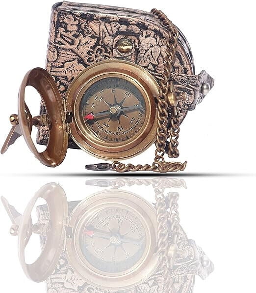 Brass Sundial Compass with Leather Case & Chain, Pocket Compass,