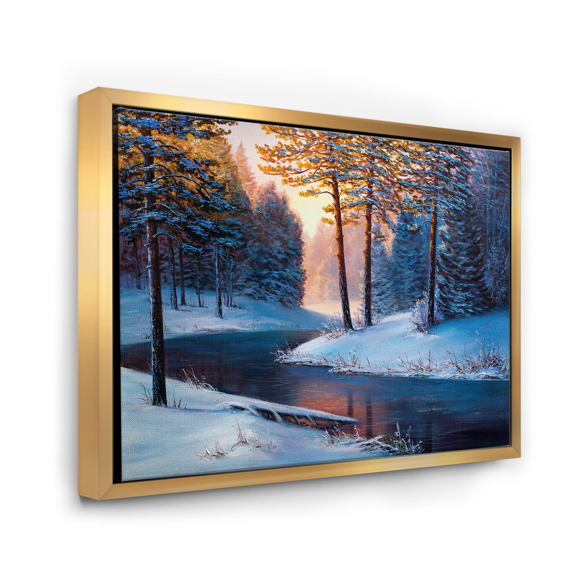 Designart 'Morning Glow Through The Christmas Forest By The River' Lake House Framed Canvas Wall Art Print