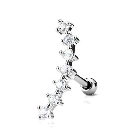 Star Cartilage Earring Stud - MoBody 16G Lined Opalite Jeweled Curve Top Cartilage Earring Surgical Steel Tragus Helix Body Piercing Stud (Silver-Tone with Clear CZ)